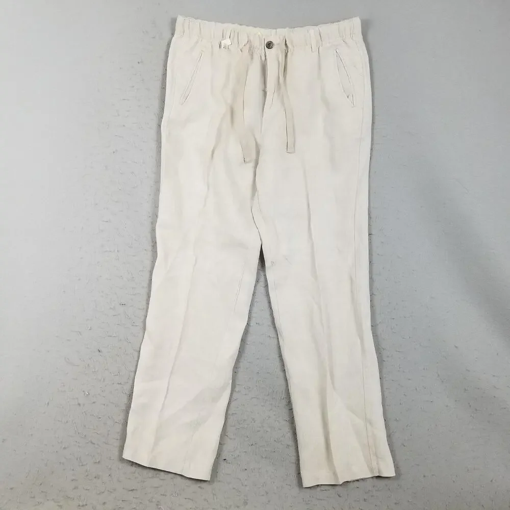 Tasso Elba Linen Pants Mens Large White Drawstring Elastic Beach Casual Travel‎